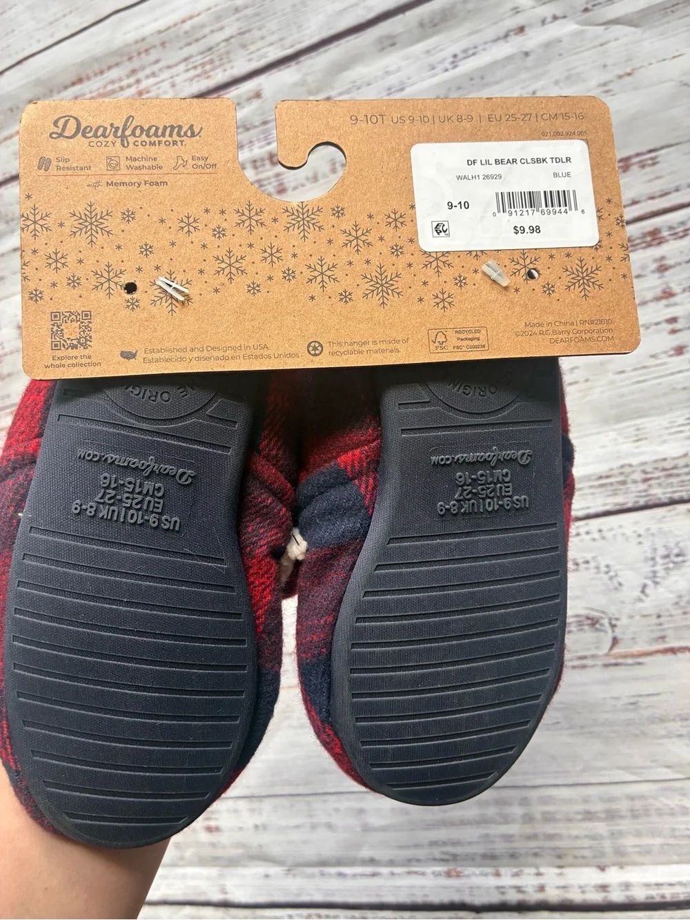 Dearfoams Kids 'Lil Bear' Red Plaid Bootie Slippers Size 9/10
